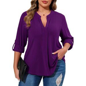Plus Size Women's Blouse Polyester V Neck Pleated Long Sleeve Casual